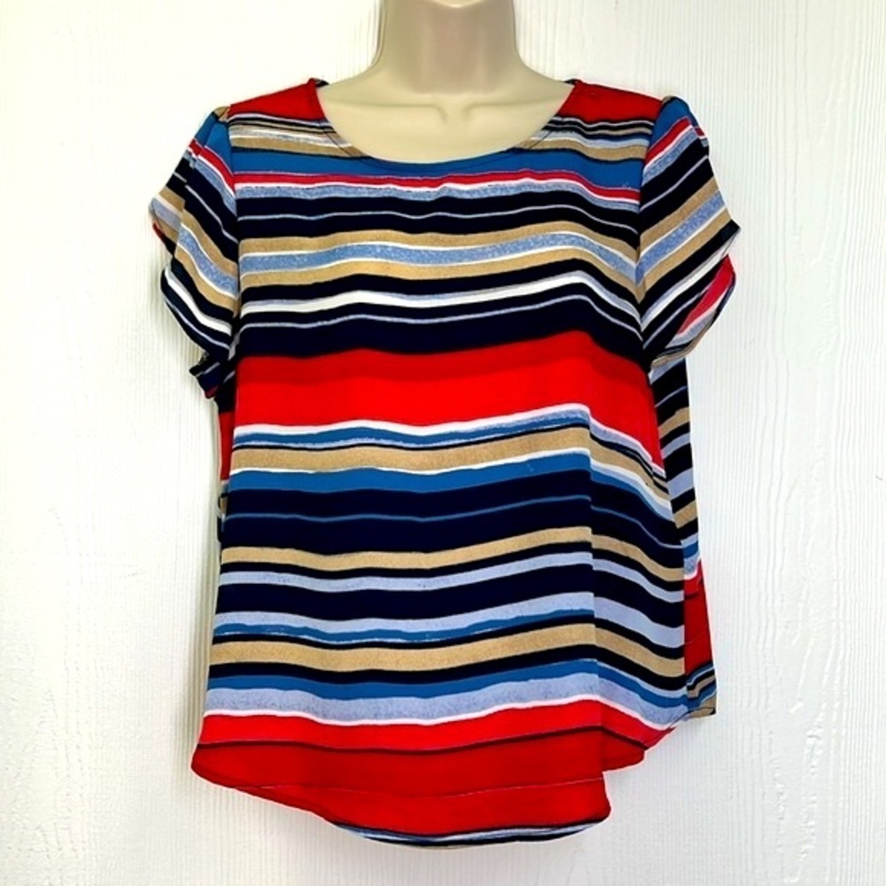 DKNY - Colorful Striped Crewneck Split Flutter Short Sleeve Blouse Size P Xl - Picture 2 of 10